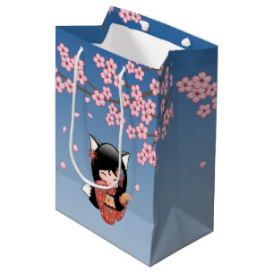 Bolsa De Regalo Mediana Muñeca Kokeshi Kitsune - Chica Geisha Zorro Negro