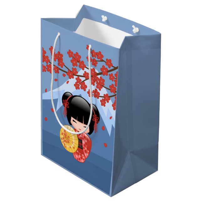 Bolsa De Regalo Mediana Muñeca roja Sakura Kokeshi - Azul Chica Geisha (Angulo reverso)