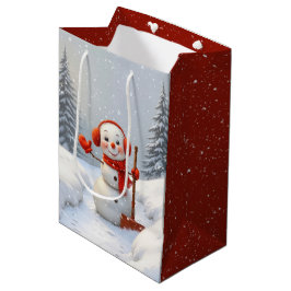 Bolsa De Regalo Mediana Muñeco de Nieve de Navidad con Palas Rojas