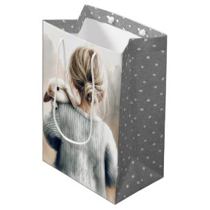 Bolsa De Regalo Mediana Nacimiento Niña Pequeña Con Conejo Mascota