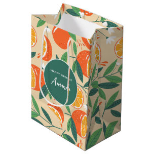 Bolsa De Regalo Mediana Naranja Citrus Fruit Retro Patrón Cumpleaños