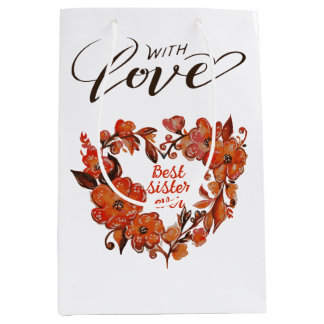 Bolsa De Regalo Mediana Naranja de acuarela Floral Corazón de flores