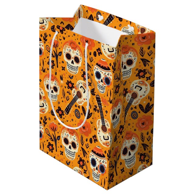 Bolsa De Regalo Mediana Naranja de Dia de Muertos, guitarras y cráneos del (Angulo reverso)