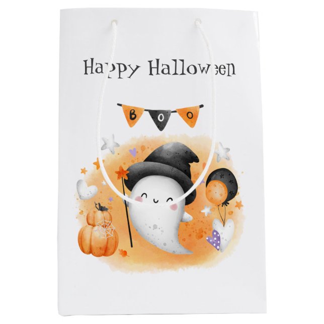 Bolsa De Regalo Mediana Naranja de Pequeño Boo de Halloween (Anverso)