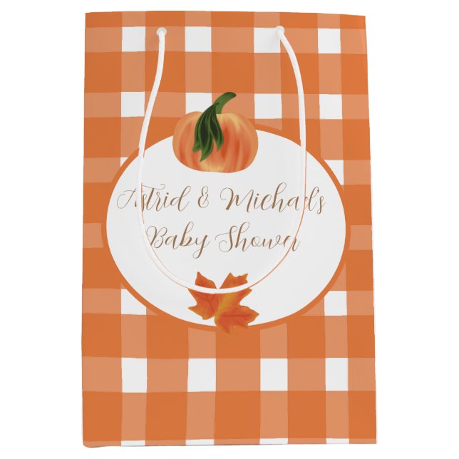 Bolsa De Regalo Mediana Naranja Gingham Pumpkin Baby Shower (Anverso)