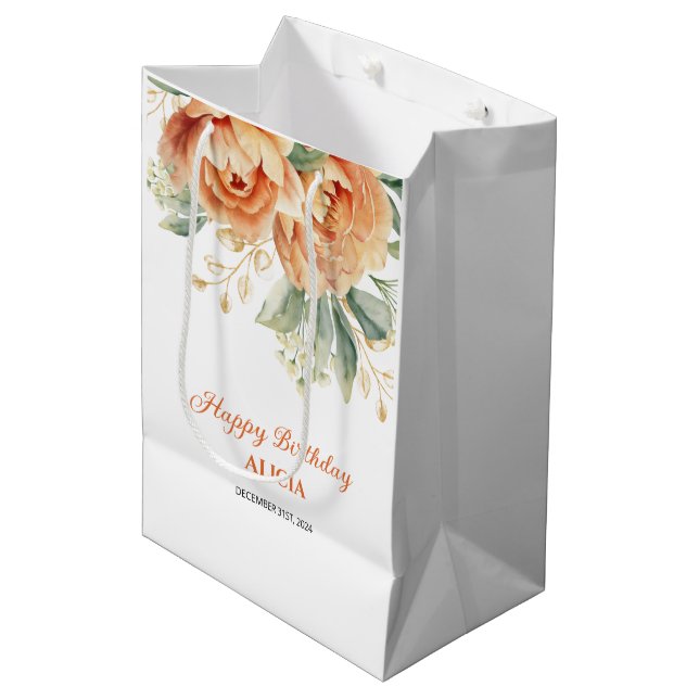 Bolsa De Regalo Mediana Naranja Peony Gold Leaf Greenery Cumpleaños (Angulo Anverso)