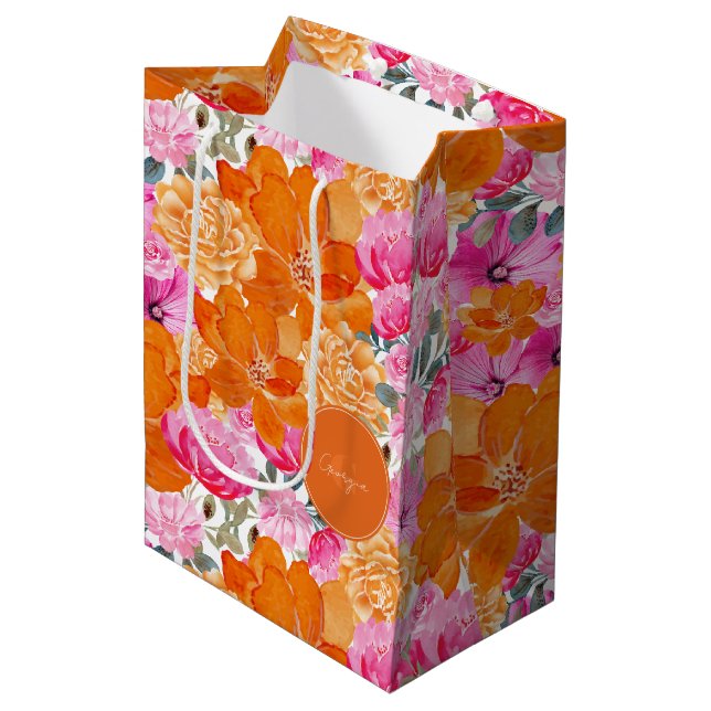 Bolsa De Regalo Mediana Naranja rosa brillante brillante Floral y Monogram (Angulo Anverso)