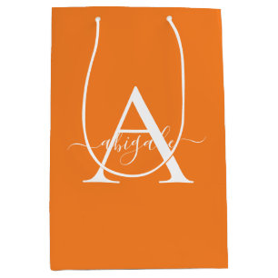 Bolsa De Regalo Mediana Naranja Tangerina Monogramada   Elegante Minimalis