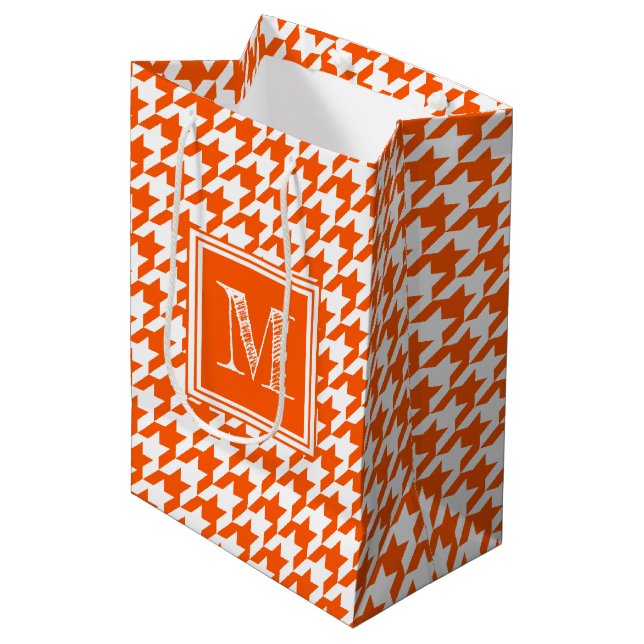 Bolsa De Regalo Mediana Naranja White Houndstoth | Monograma moderno (Angulo Anverso)