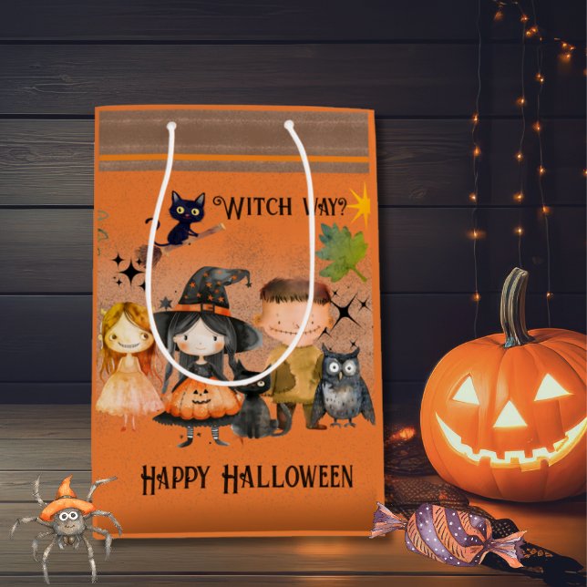 Bolsa De Regalo Mediana Naranja Witch Way Halloween (Happy Halloween Cute Monsters Party Medium Gift Bag)