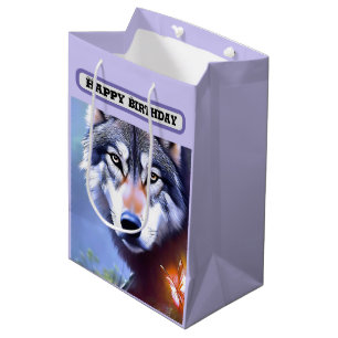 Bolsa De Regalo Mediana Naturaleza Del Lobo Óleo Pintado, Cumpleaños