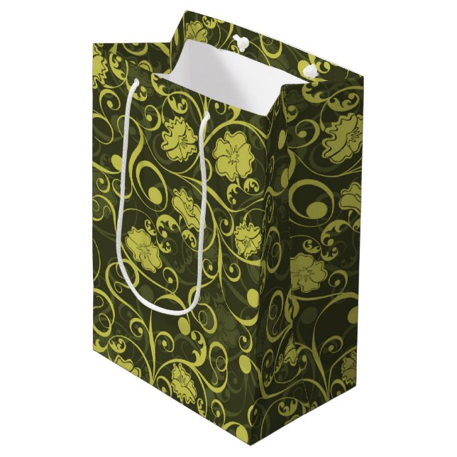 Bolsa De Regalo Mediana Naturaleza negra y verde Patrón floral ilustrado (Angulo Anverso)