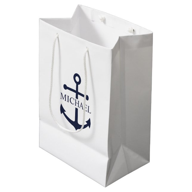 Bolsa De Regalo Mediana Nautical Navy Blue Anchor Nombre Personalizado (Angulo Anverso)