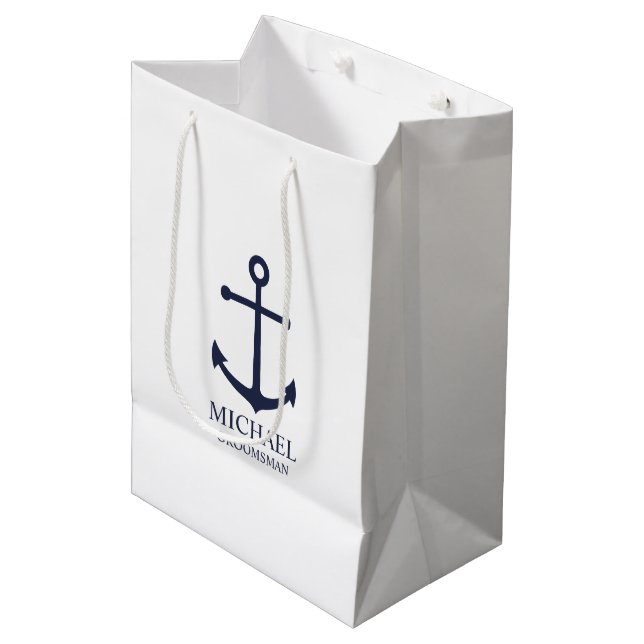 Bolsa De Regalo Mediana Nautical Navy Blue Anchor Personalizado Groomsmen (Angulo Anverso)