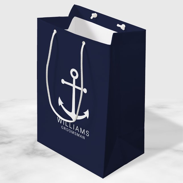 Bolsa De Regalo Mediana Nautical Navy Blue Anchor Personalizado Groomsmen (Subido por el creador)