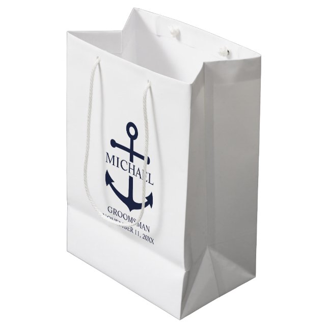 Bolsa De Regalo Mediana Nautical Navy Blue Anchor Personalizado Groomsmen (Angulo Anverso)