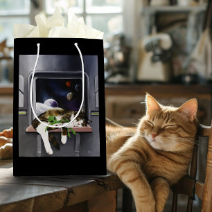 Bolsa De Regalo Mediana Nave Espacial Gato Tabby Verde Alien Muñeco de Pel