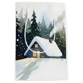 Bolsa De Regalo Mediana Navidad Acuarela Cabaña de Invierno Vintage