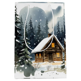Bolsa De Regalo Mediana Navidad Acuarela Cabaña de Invierno Vintage