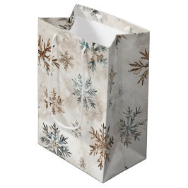 Bolsa De Regalo Mediana Navidad Copos de Nieve Marrón Azul Crema