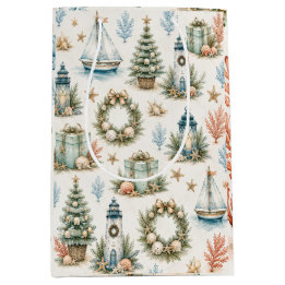 Bolsa De Regalo Mediana Navidad Costera Acuarela Faro y Velero