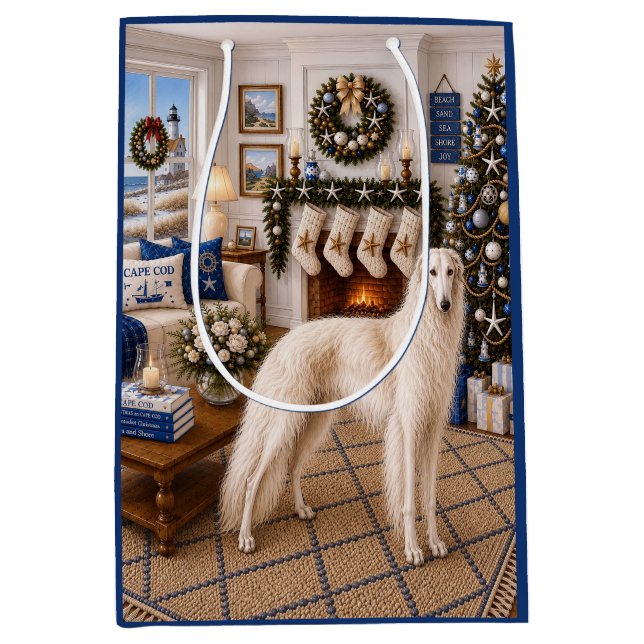 Bolsa De Regalo Mediana Navidad en Cape Cod ,Borzoi  (Anverso)