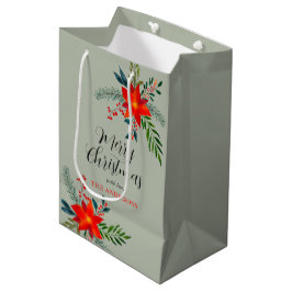 Bolsa De Regalo Mediana Navidad Feliz de Poinsettia Roja personalizada