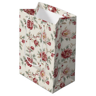 Bolsa De Regalo Mediana Navidad Floral Crema Roja Pretty Chic