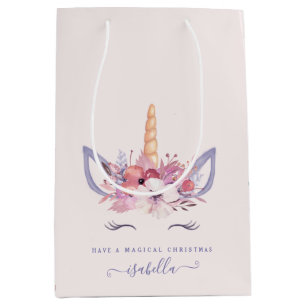Bolsa De Regalo Mediana Navidad floral de la cara del unicornio de la