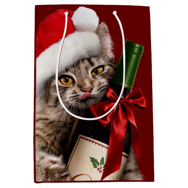 Bolsa De Regalo Mediana Navidad Gato Con Botella De Vino (Anverso)