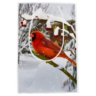 Bolsa De Regalo Mediana Navidad, pájaro cardinal rojo y nieve