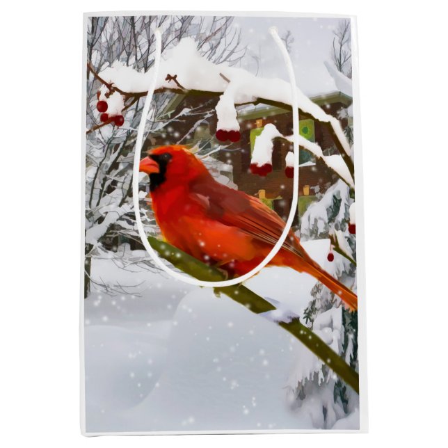 Bolsa De Regalo Mediana Navidad, pájaro cardinal rojo y nieve (Anverso)
