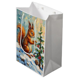 Bolsa De Regalo Mediana Navidad Vintage Ardilla Roja Pino