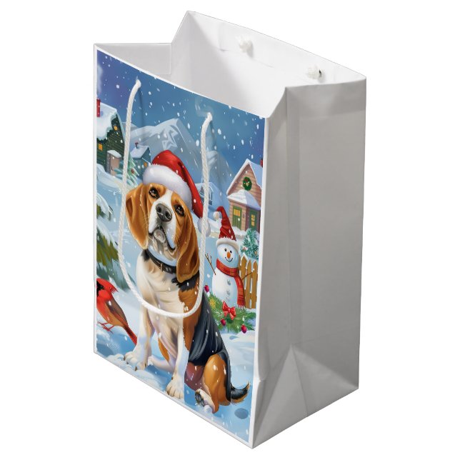 Bolsa De Regalo Mediana Navidades Beagle Dog Winter Wonderland Alegría (Angulo Anverso)