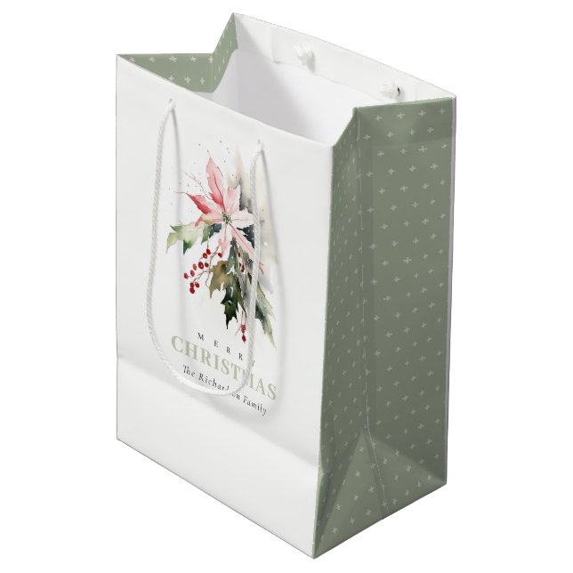 Bolsa De Regalo Mediana Navidades Berry Poinsettia Foliage Watercolor (Angulo Anverso)