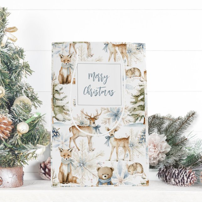 Bolsa De Regalo Mediana Navidades blancos azules de los animales del bosqu (Subido por el creador)