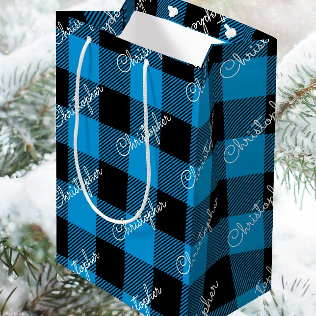 Bolsa De Regalo Mediana Navidades Buffalo Plaid Custom Name Rustic Blue (Subido por el creador)