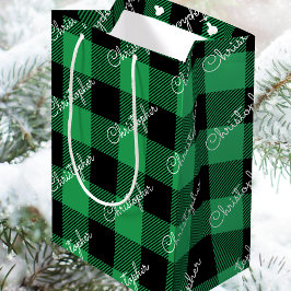 Bolsa De Regalo Mediana Navidades Buffalo Plaid Custom Name Rustic Green