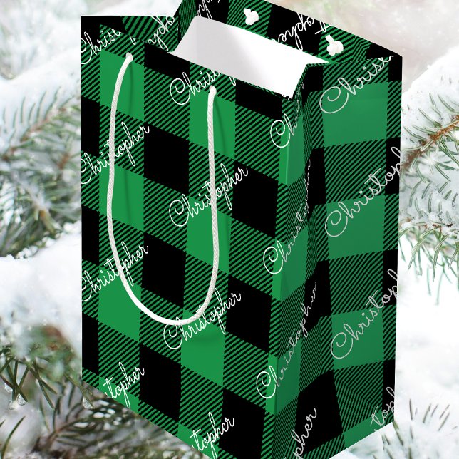 Bolsa De Regalo Mediana Navidades Buffalo Plaid Custom Name Rustic Green (Subido por el creador)