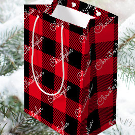 Bolsa De Regalo Mediana Navidades Buffalo Plaid Custom Name Rustic Red