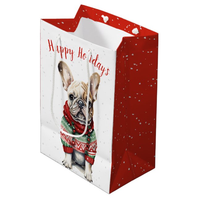 Bolsa De Regalo Mediana Navidades Bulldog Francés En Copos De Nieve (Angulo Anverso)
