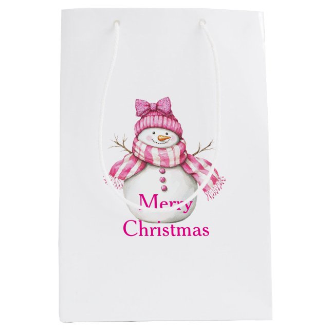 Bolsa De Regalo Mediana Navidades Chicas de Snowman Rosado (Anverso)