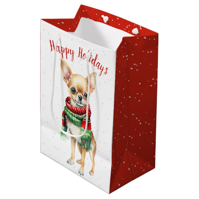 Bolsa De Regalo Mediana Navidades Chihuahua En Copos De Nieve (Angulo Anverso)