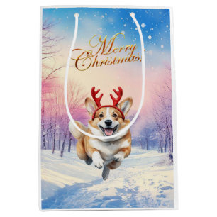 Bolsa De Regalo Mediana Navidades Corgi Rantlers de renos saltando de niev