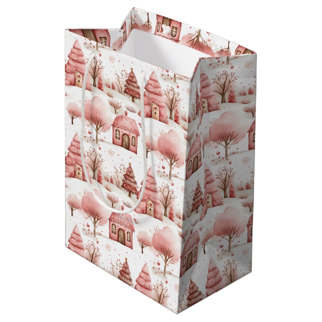 Bolsa De Regalo Mediana Navidades Cute Whimsical Pink Winter Wonderland (Angulo reverso)