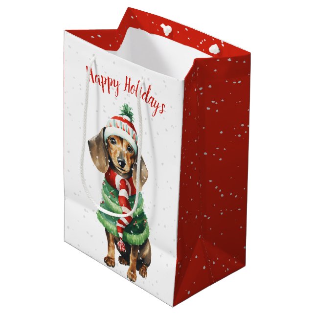 Bolsa De Regalo Mediana Navidades Dachshund En Copos De Nieve (Angulo Anverso)