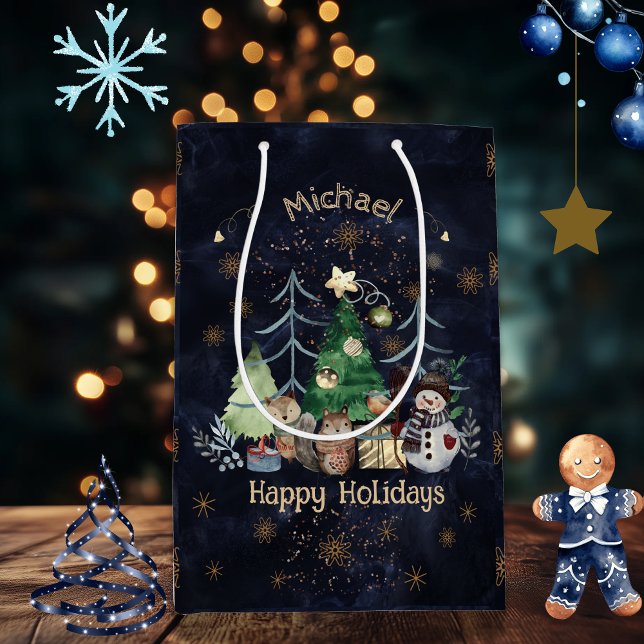 Bolsa De Regalo Mediana Navidades de animales de Woodland Azul (Woodland Animals Christmas Blue Medium Gift Bag)