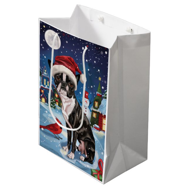 Bolsa De Regalo Mediana Navidades de Boston Terrier Dog Winter Wonderland (Angulo Anverso)