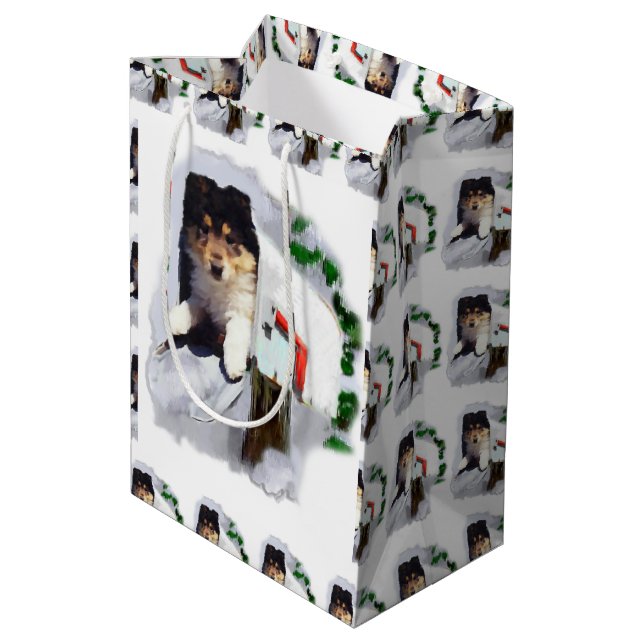 Bolsa De Regalo Mediana Navidades de Collie Puppy (Angulo reverso)
