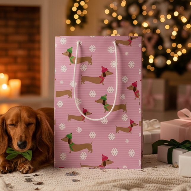 Bolsa De Regalo Mediana Navidades de Dachshund envueltos con papel tieso c (Dachshund Christmas gift with snowflakes pink and winter theme)